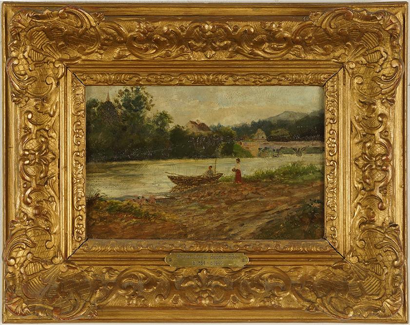 Arthur Trevor Haddon (British, 1864-1941) River Scene: Arthur Trevor Haddon (British, 1864-1941) River Scene with Boaters. Oil on panel mounted on plywood, signed lower left 6 1/2" x 9 1/4" Frame: 11 3/4" x 14 3/4"