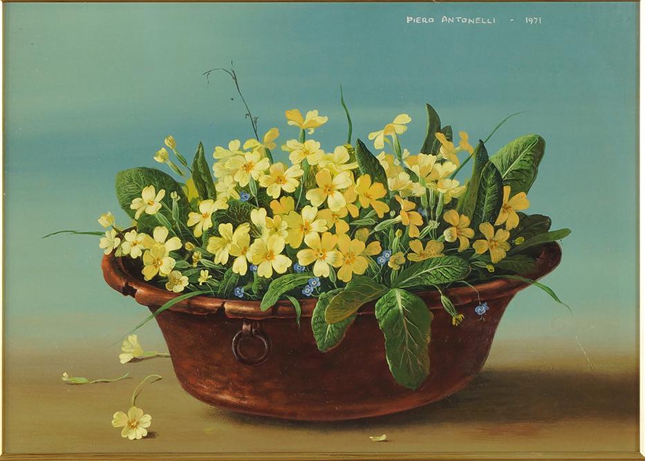 Piero Antonelli (Italian, 1916-1989) Flowers in a: Piero Antonelli (Italian, 1916-1989) Flowers in a Copper Bowl. Oil on board, signed upper right and dated 1971 10" x 14" Frame: 16 1/4" x 20 1/4"
