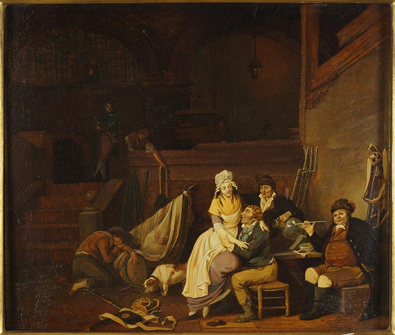 Jacques Albert Senave (Belgian, 1758-1829) A Tavern: Jacques Albert Senave (Belgian, 1758-1829) A Tavern Interior. Oil on panel, unsigned. Exhibited: Sheldon Swope Art Gallery, Terre Haute, IN; September - October, 1969 10.75" x 12.5" Frame: 15.75" x 18