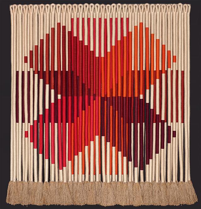 Jane Knight (American, 1928-2013) Untitled.: Jane Knight (American, 1928-2013) Untitled. Fiber art wall sculpture, comprised of 65 vertical, free hanging fiber wrapped elements, bearing the artist signature copper tag on element #65. Provenance: