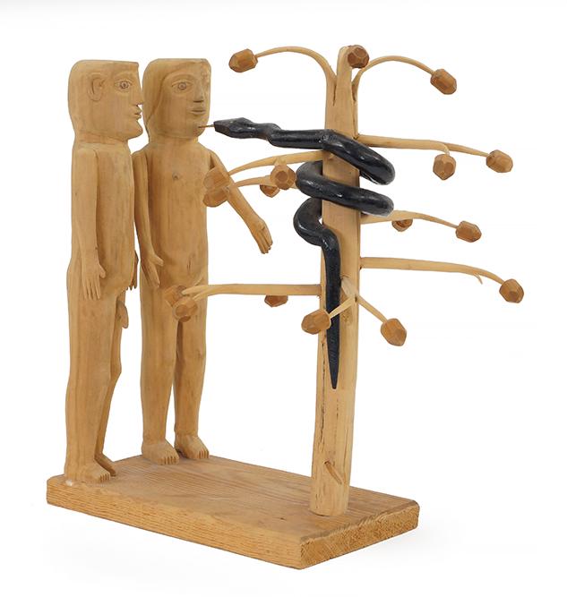 Edgar Tolson (American, 1904-1994) Adam & Eve In The: Edgar Tolson (American, 1904-1994) Adam & Eve In The Garden of Eden. Carved wood sculpture with a painted wood snake wrapped around the tree. Underside is dated 71 in pencil; not signed 13" x 12 1/2"