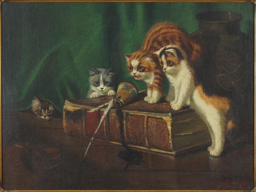 Sidney Brackett (American, 1852-1910) Kittens and: Sidney Brackett (American, 1852-1910) Kittens and Spilled Ink. Oil on canvas, signed lower right 22" x 29" Frame: 28" x 35"