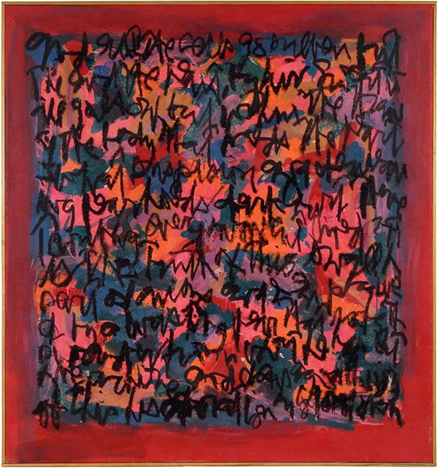 Harry Bouras (American, 1931-1990) Of Heart: Text I.: Harry Bouras (American, 1931-1990) Of Heart: Text I. Oil on canvas, signed en verso, titled, dated 9-74, inscribed 'No. 64', and bearing the artist's stamp 60" x 56" Frame: 61" x 57"