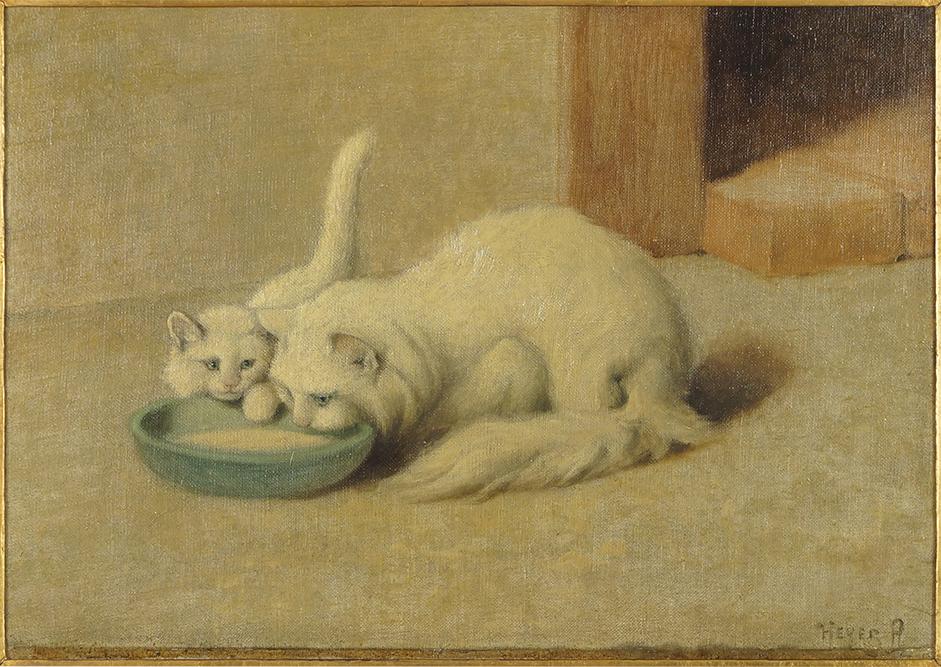 Arthur Heyer (German, 1872-1931) Cat and Kitten with: Arthur Heyer (German, 1872-1931) Cat and Kitten with Bowl of Milk. Oil on canvas laid down on masonite, signed lower right 20" x 28" Frame: 31 1/4" x 39 1/4"