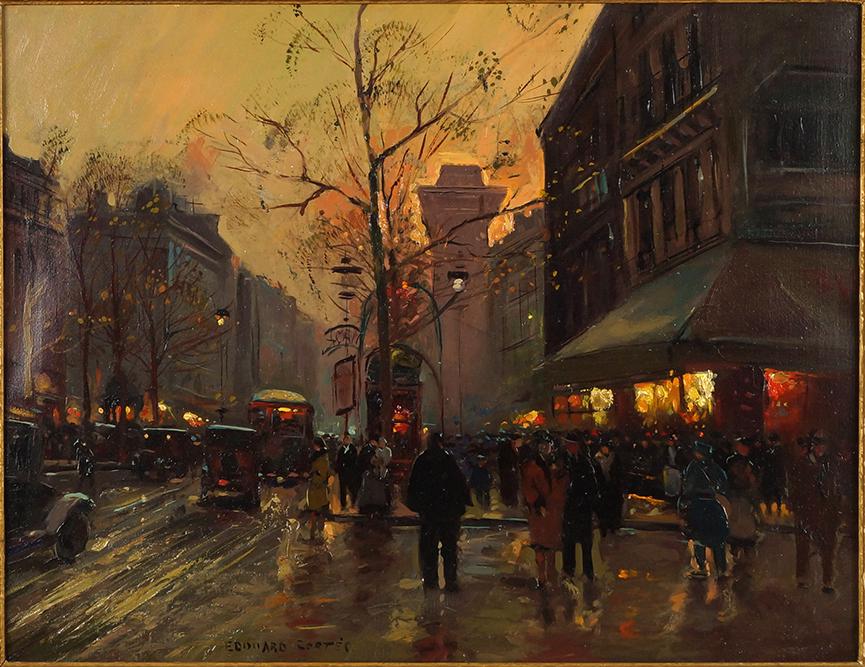 In the Style of Edouard Cortes (French, 1882-1969): In the Style of Edouard Cortes (French, 1882-1969) Boulevard St. Denis, Paris. Oil on canvas, bearing signature lower left 20" x 26" Frame: 27" x 33"