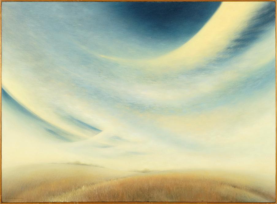Stan Wiederspan (American, 20th Century) Flight Into a: Stan Wiederspan (American, 20th Century) Flight Into a Suspended Moment. Oil on canvas, 1982, signed lower left and also on the stretcher 33" x 45" Frame: 33 3/4" x 45 3/4"