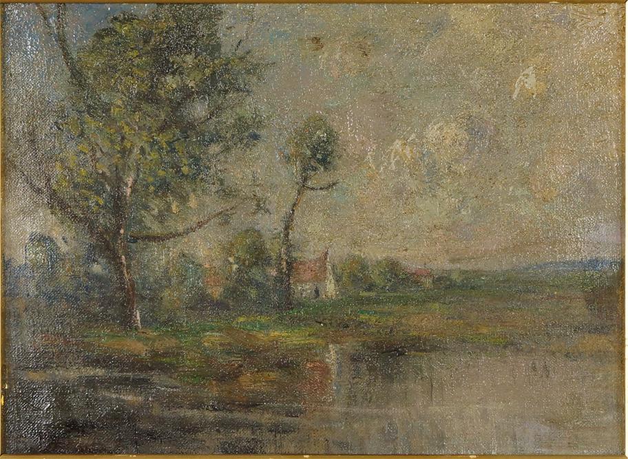 Pierre Damoye (French, 1847-1916) Landscape.: Pierre Damoye (French, 1847-1916) Landscape. Oil on unstretched canvas, signed lower left 9" x 12 1/4" Frame: 14 1/4" x 17 1/2"