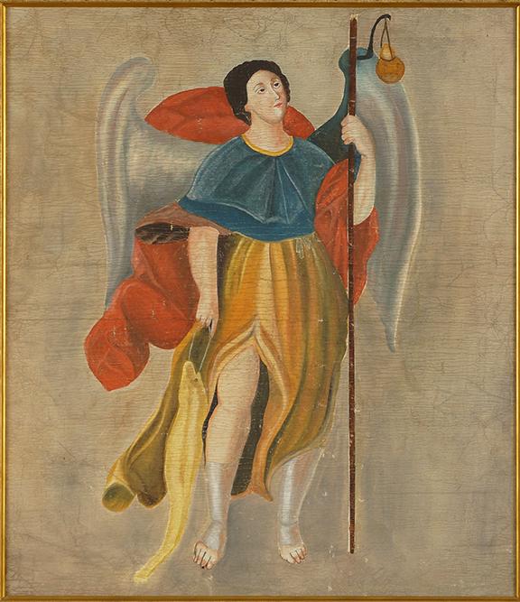 Spanish Colonial School (19th Century) The Angel: Spanish Colonial School (19th Century) The Angel Raphael. Oil on canvas 23 3/4" x 21" Frame: 30 1/2" x 27 1/2"