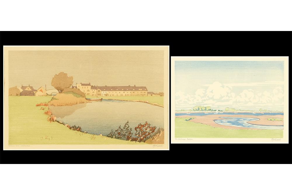Philip Gregory Needell (British, 1886-1974) Two Works.: Philip Gregory Needell (British, 1886-1974) Two Works. Including 'Anchorage, Bosham' and 'Waterloo Place, Christchurch', both color woodcuts, circa 1925, pencil signed lower right and titled Larger: 7