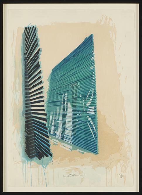 Robert Stackhouse (American, B. 1942) Blue Diviners.: Robert Stackhouse (American, B. 1942) Blue Diviners. Color woodcut, pencil signed lower center, dated '91, and numbered 51/75 25 3/4" x 18" Frame: 31 1/4" x 23 1/2"