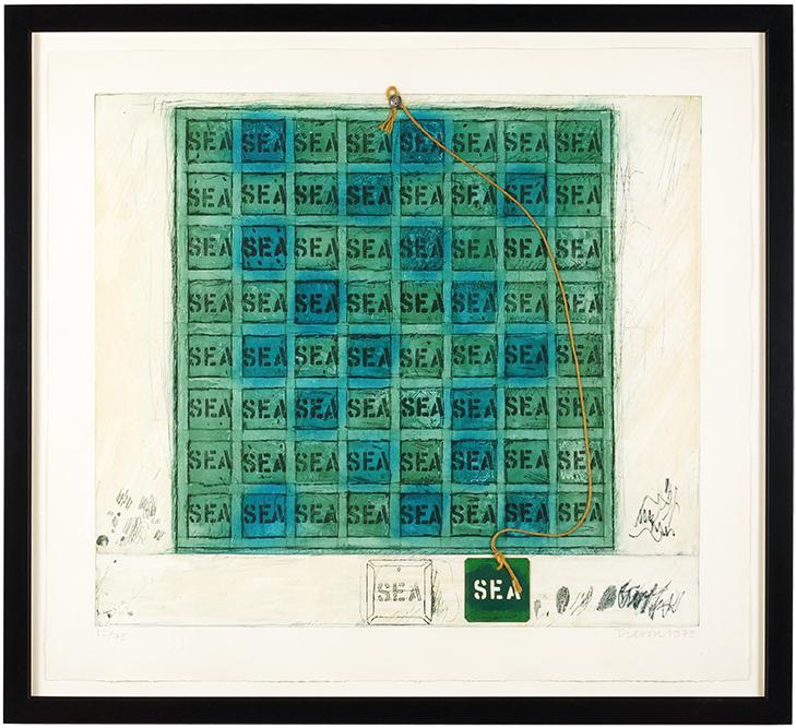 Joe Tilson (British, B. 1928) Sea Mantra.: Joe Tilson (British, B. 1928) Sea Mantra. Color soft-ground etching with collage of stencil, twine, and grip binder, pencil signed lower right, dated 1979, and numbered 12/75 29" x 32 3/4" Frame: 39"