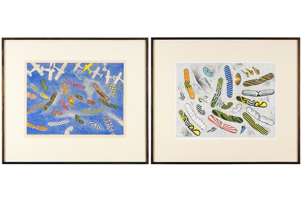 Steve Poleskie (American, 1938-2019) Two Works.: Steve Poleskie (American, 1938-2019) Two Works. Including 'Wonder Wings' and 'Geography is the Mother of History', both hand-colored etchings, pencil signed lower right and titled Each: 17 1/2" x 23 3