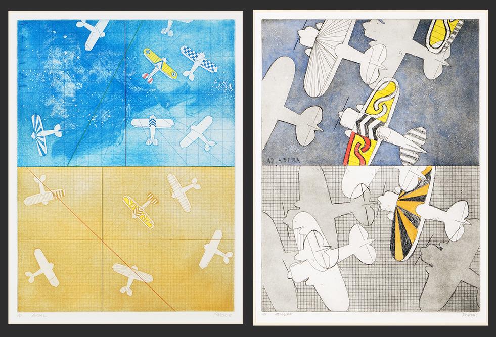 Steve Poleskie (American, 1938-2019) Two Works.: Steve Poleskie (American, 1938-2019) Two Works. Including 'Radial' and 'Ad Astra', both hand-colored aquatints, pencil signed lower right, titled, and inscribed AP Each: 23 3/4" x 17 3/4" Frame: 36 3/