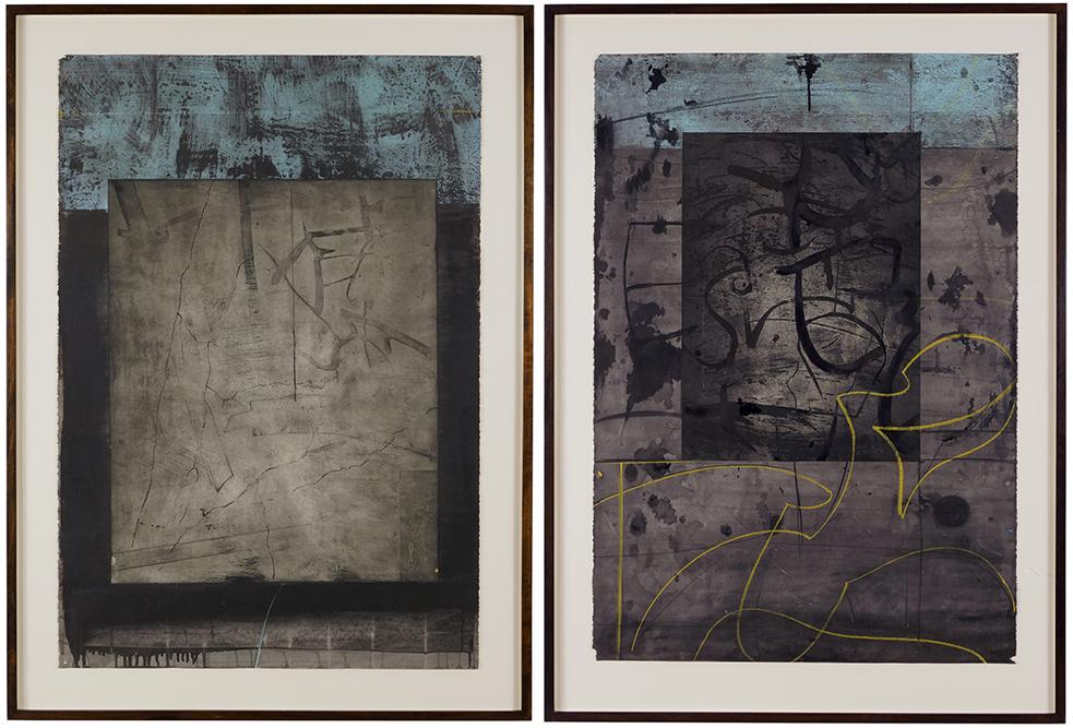 Ian Hughes (American, 1958-2014) 'XII' and 'XIV'.: Ian Hughes (American, 1958-2014) 'XII' and 'XIV'. Two color intaglios with collage and hand embellishments Each: 43 3/4" x 30" Frame: 51" x 37 1/2"