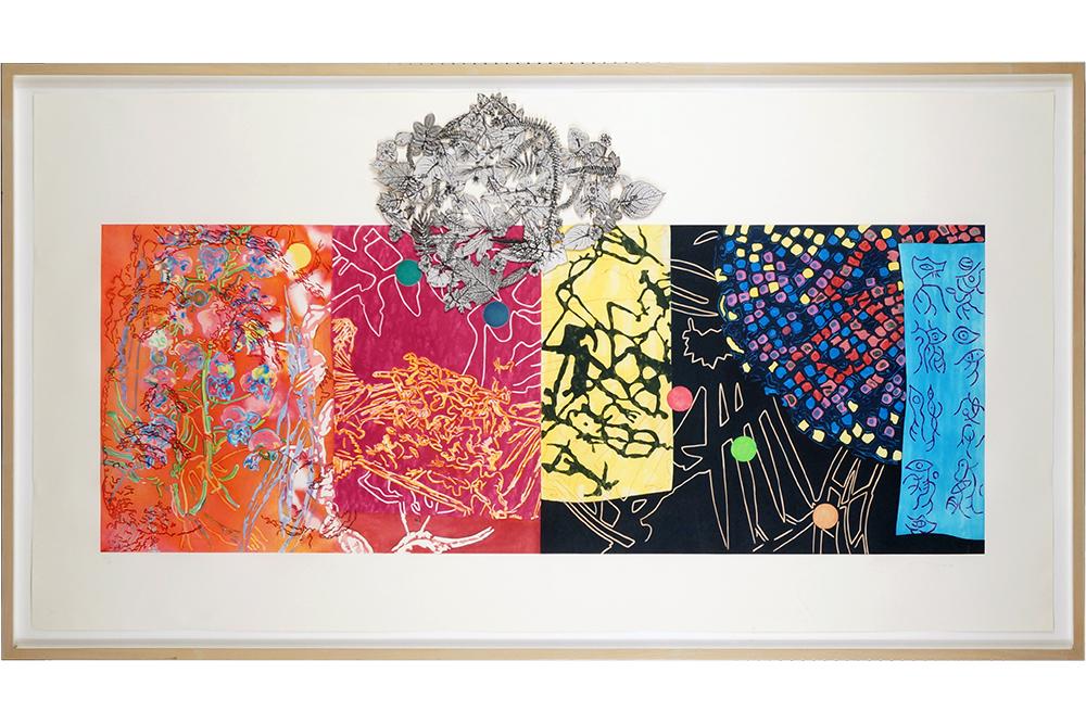 Nancy Graves (American, 1940-1995) Stuck, The Flies: Nancy Graves (American, 1940-1995) Stuck, The Flies Buzzed. Color aquatint with serigraph and collage, pencil signed lower right, dated '90, and numbered 28/68 40 1/2" x 78 1/4" Sheet: 47 1/2" x 90 1/