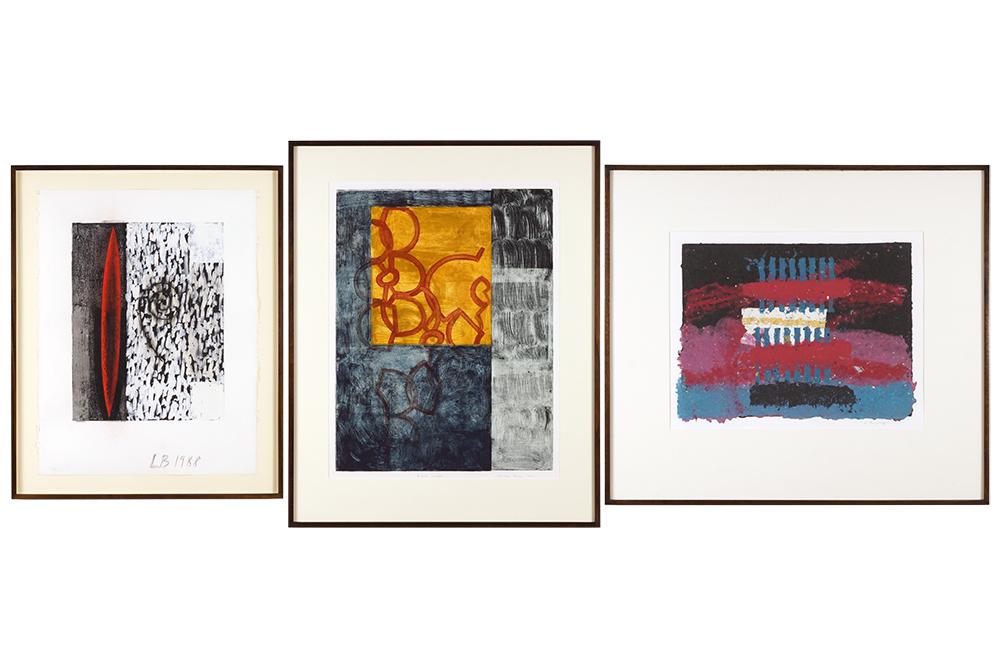 Three Works.: Three Works. Including monotypes by Andrea Belage, 'Aurora', signed, titled, and dated '89, 'Untitled' by Larry Brown, initialed and dated 1988, and a colored paper pulp by Larry Schiff, signed and da