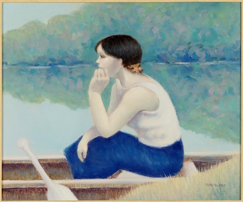 Jean Daumier (French, B. 1948) Girl in a Rowboat.: Jean Daumier (French, B. 1948) Girl in a Rowboat. Oil on canvas, signed lower right 20" x 24" Frame: 27" x 31"