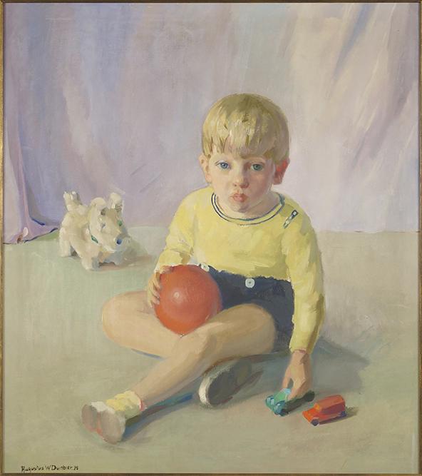 Augustus Dunbier (American, 1888-1977) Roger With Red: Augustus Dunbier (American, 1888-1977) Roger With Red Ball. Oil on canvas, signed lower left and dated '36. Provenance: R.H. Love Galleries, Chicago 36" x 32" Frame: 42 1/2" x 38 1/2"