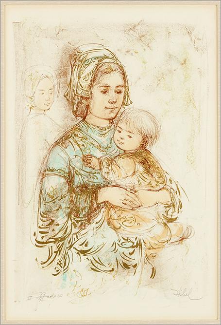 Edna Hibel (American, 1917-2014) Sonja and Diana.: Edna Hibel (American, 1917-2014) Sonja and Diana. Color lithograph with gold, pencil signed lower right and numbered II 77/96 ed. 230. Ref: Hibel 376. Provenance: Tower Park Gallery, Peoria Heights, I