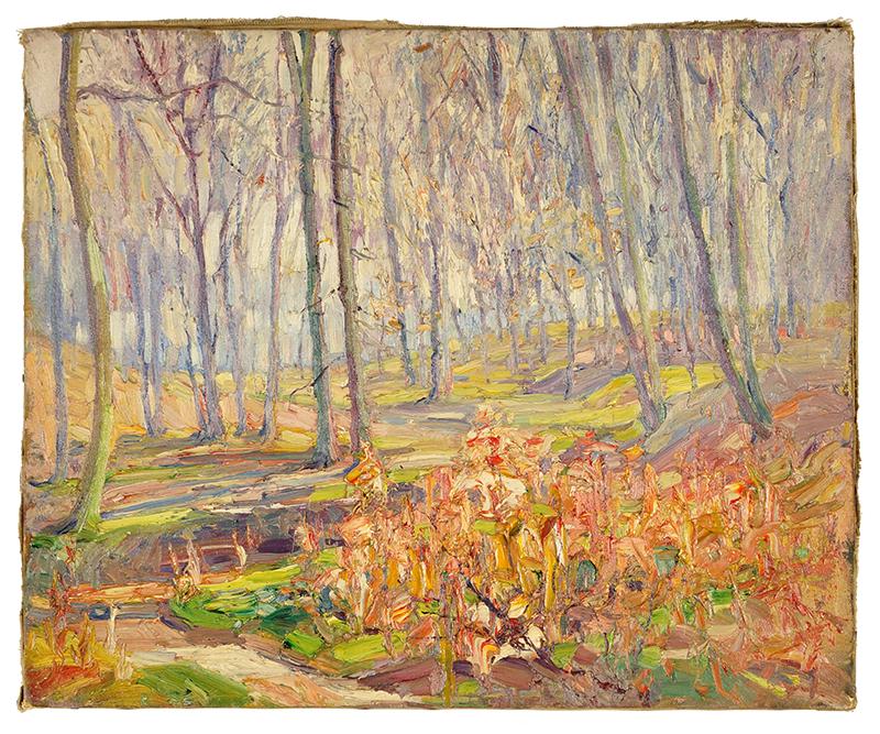 Louis Phillipe Grumieaux (Belgian-American, 1872-1953): Louis Phillipe Grumieaux (Belgian-American, 1872-1953) Red Undergrowth. Oil on canvas, unsigned, unframed. Provenance: Estate of the Artist 18" x 22"