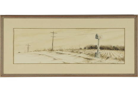 Nicholas Berger (American, B. 1949) The Mailbox.: Nicholas Berger (American, B. 1949) The Mailbox. Watercolor, signed lower right and dated '76. Provenance: Mongerson Gallery, Chicago 9 3/4" x 29" Frame: 15 1/2" x 34 1/4"