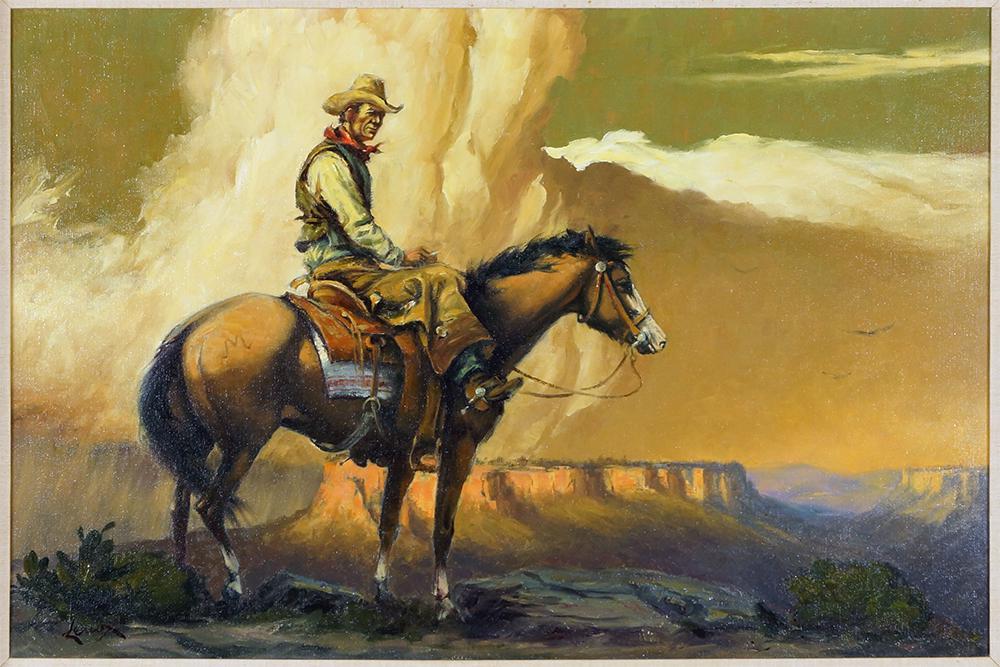 August Lenox (American, 1908-1986) 'Standing Up': August Lenox (American, 1908-1986) 'Standing Up' Country. Oil on canvas, signed lower left, also signed and titled en verso. Provenance: Buck Saunders Gallery, Scottsdale 24" x 36" Frame: 32" x 44"