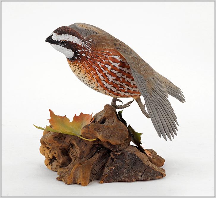 Robert Clark (American, 20th Century) Bob White Taking: Robert Clark (American, 20th Century) Bob White Taking Flight. Carved and painted wood with brass, signed on the underside, titled, and dated 1979 8 1/2" x 10 1/2" x 7"