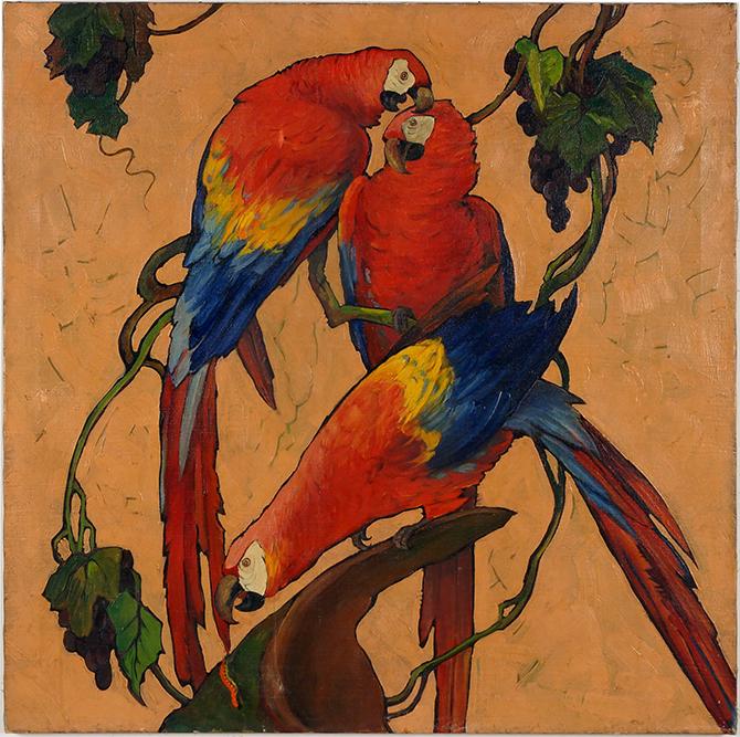 Louis Phillipe Grumieaux (Belgian-American, 1872-1953): Louis Phillipe Grumieaux (Belgian-American, 1872-1953) Three Parrots. Oil on canvas, unsigned, unframed. Provenance: Estate of the Artist 35" x 35"
