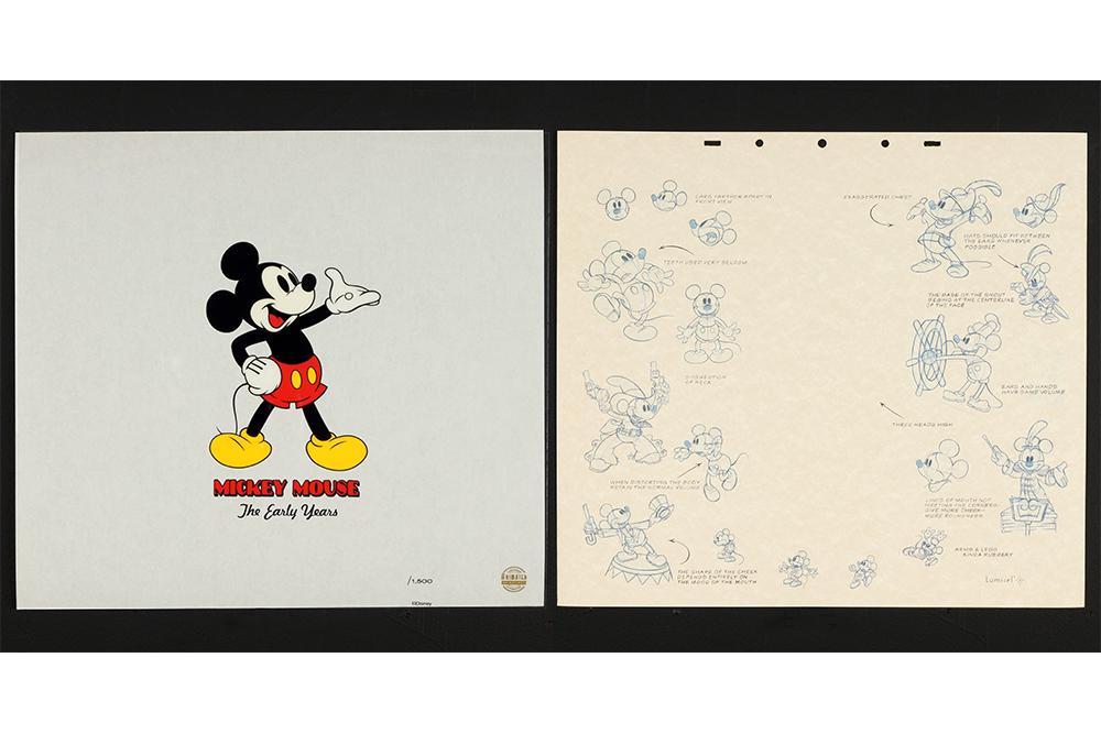 Disney Studios Mickey Mouse - The Early Years.: Disney Studios Mickey Mouse - The Early Years. 4 printed cels, edition of 1,500. Together with approximately 70 copies of the same background on paper, unframed 15 1/4" x 16 3/4"