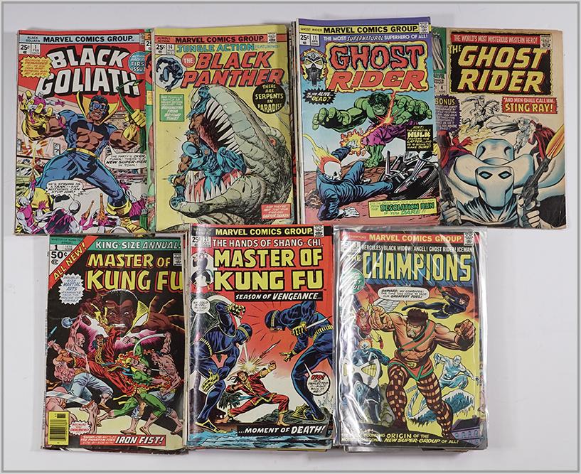 Bronze Age Marvel Comic Books.: Bronze Age Marvel Comic Books. Consisting of 6 Black Goliath comic books, 2-#1, 2 & 3. Seven Jungle Action Featuring the Black Panther, #14, 15, 2-16, 20, 21 & 24. 18 Marvel The Champions featuring is
