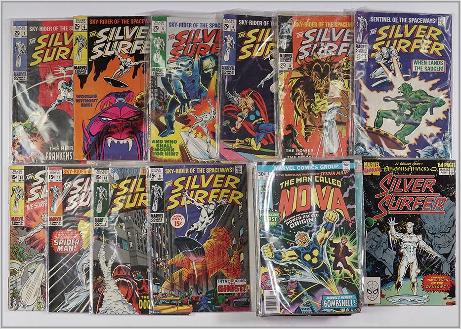 Marvel Silver Age Comic Books The Silver Surfer.: Marvel Silver Age Comic Books The Silver Surfer. Featuring 10 Marvel Silver Surfer comic books ranging from issues 2 to 18. Together with 31 Bronze Age Marvel The Man Called Nova comic books ranging f