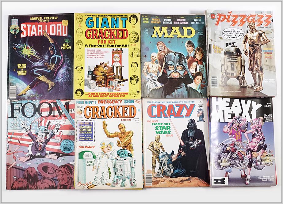 A Group of Various 70;s Magazines, Pizzazz, Heavy: A Group of Various 70;s Magazines, Pizzazz, Heavy Metal, etc. Consisting of 15 Pizzazz magazines, 4 Heavy Metal, 7 Mad Magazines, 3 Foom, 4 Crazy, 14 Cracked and one each Star Lord, SF TV, US and Dyna