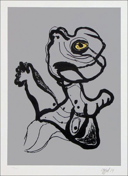 KAREL APPEL (DUTCH 1921-2006) WOMAN WITH GOLDEN: KAREL APPEL (DUTCH 1921-2006) WOMAN WITH GOLDEN EYE. Silkscreen on foil, 1974, signed, dated and numbered in pencil in the lower margin, edition 54/120; Frame: 36.50" x 28.25" 26.1" x 19"