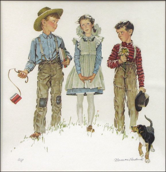 NORMAN ROCKWELL (AMERICAN 1894-1978) RIVALS.: NORMAN ROCKWELL (AMERICAN 1894-1978) RIVALS. Color lithograph on Arches paper, 1975, signed in pencil lower right, edition A.P.; Frame: 27" x 26" 22" x 21"