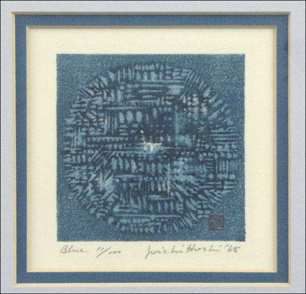 JOICHI HOSHI (JAPANESE 1913-1979) BLUE.: JOICHI HOSHI (JAPANESE 1913-1979) BLUE. Color woodblock, 1968, signed, dated, titled and numbered in pencil in the lower margin, edition 11/100; Frame: 14.50" x 14' 3.4" x 3.4"