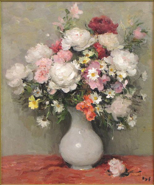 MARCEL DYF (FRENCH 1899-1985) PIVOINES, ROSES E: MARCEL DYF (FRENCH 1899-1985) PIVOINES, ROSES ET ROUGES. Oil on canvas, signed lower right 'Dyf;' Verso: Gallery label reading in part 'W. Russell Button Inc., Douglas, MI;' Frame: 34.50" x 29.50" 25.