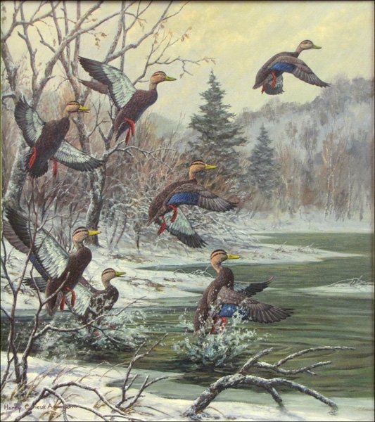 HARRY CURIEUX ADAMSON (AMERICAN, B.1916) ICE WA: HARRY CURIEUX ADAMSON (AMERICAN, B.1916) ICE WATER ROCKETS - BLACK DUCKS. Oil on canvas, signed lower left 'Harry Curieux Adamson;' Verso: Gallery label reading in part 'Abercrombie & Fitch Co., #16-5