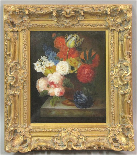 OLD MASTER SCHOOL (20TH CENTURY) FLORAL BOUQUET: OLD MASTER SCHOOL (20TH CENTURY) FLORAL BOUQUET. Oil on canvas, signed P. Ambrosio LR Canvas: 24" x 20" Frame: 37" x 33"