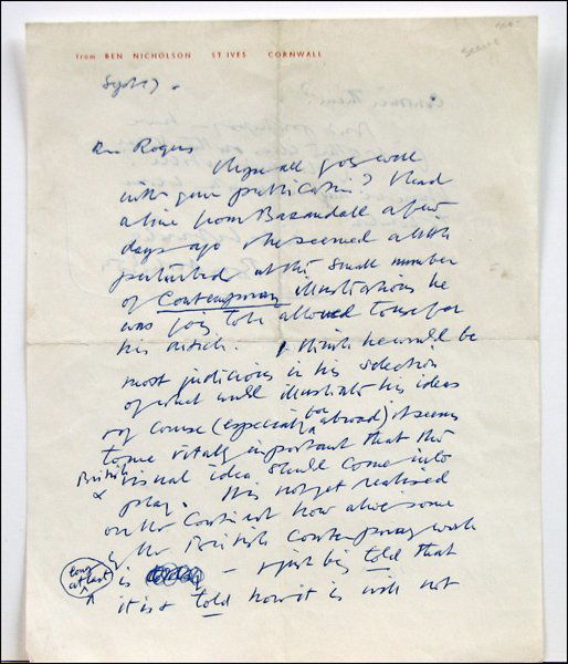 BEN NICHOLSON HAND WRITTEN AND SIGNED LETTER.: BEN NICHOLSON HAND WRITTEN AND SIGNED LETTER. Addressed to Roger, not dated. On custom letterhead sheet reading "from Ben Nicholson St. Ives Cornwall" 10" x 8"