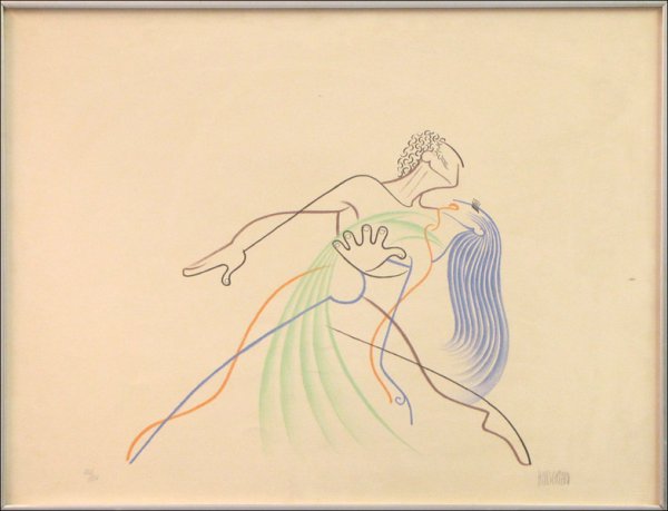 AL HIRSCHFELD (AMERICAN 1903-2003) DANCING COUP: AL HIRSCHFELD (AMERICAN 1903-2003) DANCING COUPLE. Color lithograph, signed and numbered in pencil in the lower margin, edition 120/120; Frame: 20.25" x 26.25" 19.50" x 25.50" (sight)