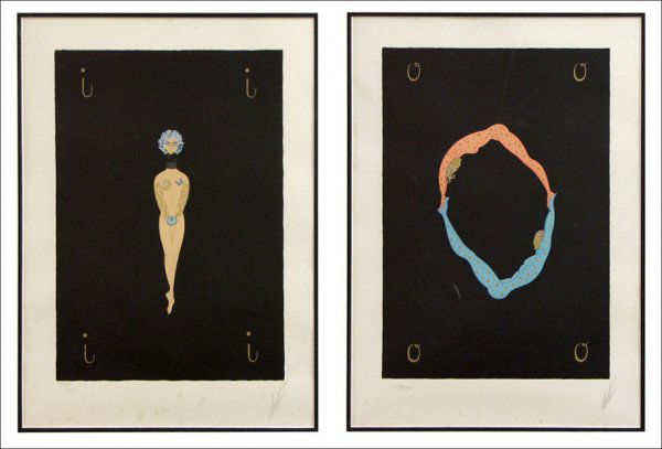 ROMAINE DE TIRTOFF ERTE (1892-1990) TWO PRINTS: ROMAINE DE TIRTOFF ERTE (1892-1990) TWO PRINTS FROM THE ALPHABET SUITE. Letters I and O: Each a color serigraph, signed and numbered in pencil in the lower margins, editions 330/350 and 113/350; Verso