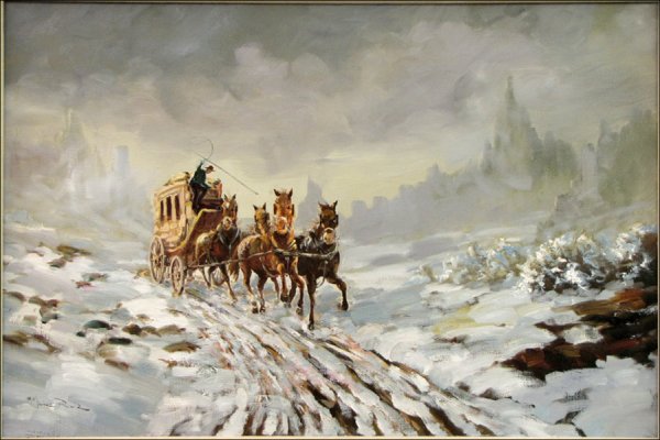MANUEL MUNOZ RUIZ (B.1948) WINTER TRAVELLERS.: MANUEL MUNOZ RUIZ (B.1948) WINTER TRAVELLERS. Oil on canvas, signed lower left, 1974. With hand-signed receipt from artist to original buyer from 1974 24" x 36", Frame: 31" x 48"
