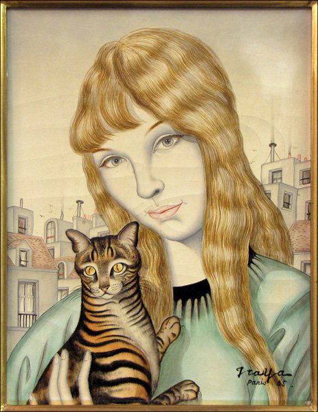 FOUSSA ITAYA (JAPANESE/FRENCH, B.1919) WOMAN WI: FOUSSA ITAYA (JAPANESE/FRENCH, B.1919) WOMAN WITH CAT, 1969. Oil on canvas, signed and dated lower right; Frame: 20.25' x 17.25" 14" x 10.75"