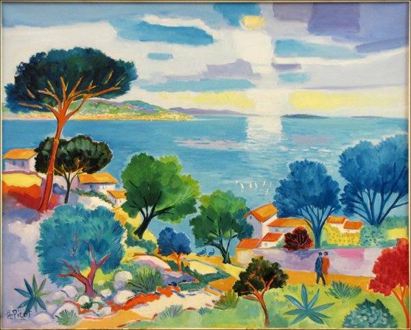 JEAN-CLAUDE PICOTÊ(FRENCH, B.1933) LES ARBRES B: JEAN-CLAUDE PICOTÊ(FRENCH, B.1933) LES ARBRES BLEUS A THEOULE. Oil on canvas, signed lower left;ÊTitled and signed again on the reverse; Frame: 33" x 39.25" 25.75" x 31.75"