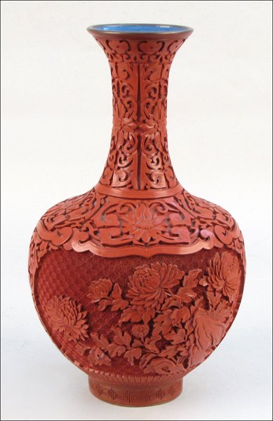 CHINESE CARVED CINNABAR VASE.: CHINESE CARVED CINNABAR VASE. 15" x 8"