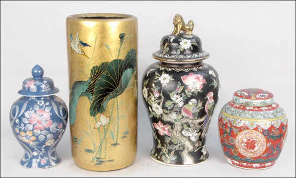 GROUP OF THREE CHINESE PORCELAIN JARS.: GROUP OF THREE CHINESE PORCELAIN JARS. Together with a painted Chinese umbrella stand (Ht: 18.6"); Jar Ht: 18.50"; 12.50"; 9.25"
