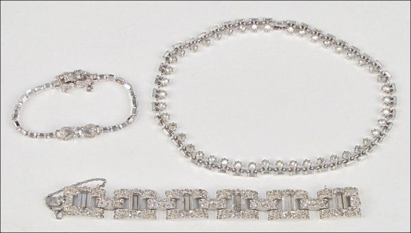 JOSEPH MAZER RHINESTONE BRACELET.: JOSEPH MAZER RHINESTONE BRACELET. Together with a Trifari rhinestone necklace, and an unsigned rhinestone bracelet