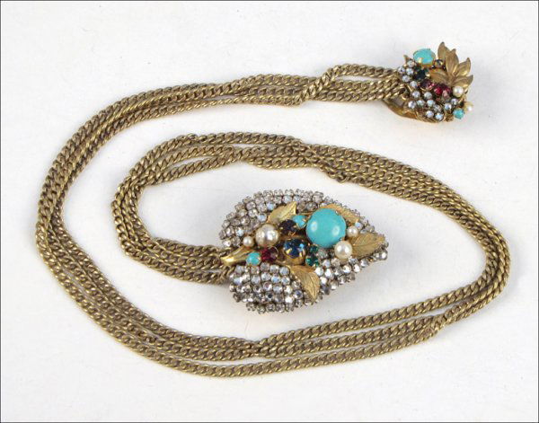 MIRIAM HASKELL MULTI-COLORED RHINESTONE AND FAU: MIRIAM HASKELL MULTI-COLORED RHINESTONE AND FAUX PEARL BROOCH AND CLIP. Connected by a triple strand metal chain Length: 20"