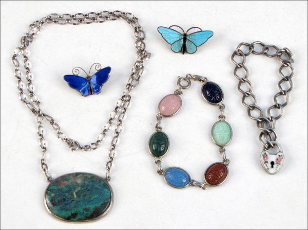 DAVID ANDERSEN STERLING SILVER AND COBALT ENAME: DAVID ANDERSEN STERLING SILVER AND COBALT ENAMEL BUTTERFLY BROOCH. Together with a light blue enamel butterfly brooch, a scarab bracelet, a link bracelet with a sterling silver and enamel heart charm,