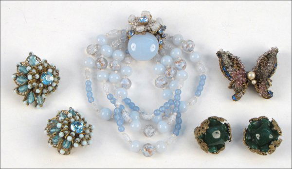 MIRIAM HASKELL SEED BEAD, RHINESTONE, AND FAUX: MIRIAM HASKELL SEED BEAD, RHINESTONE, AND FAUX PEARL BUTTERFLY BROOCH. Together with one pair of Miriam Haskell green glass earclips, one Miriam Haskell lavender bead and rhinestone four-strand bracel